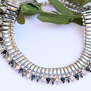 Silver Statement Necklace: Ethnic Bohemian Bib with Black & Gray Crystals