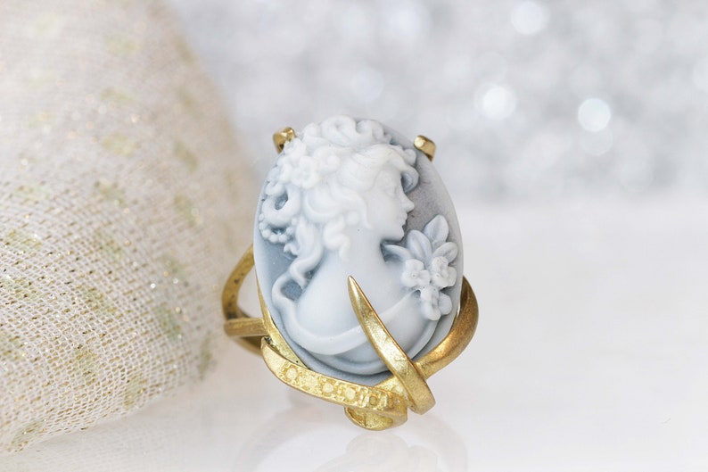 CAMEO RING, Art Deco Boho Ring, Black And White Ring, Gray Cameo Ring, Unique Engagement Ring, Gold Filled Ring, Women's Statement Ring Gift image 8