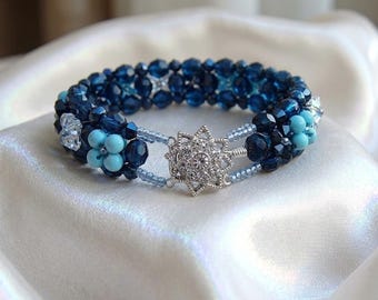 Pulsera de cuentas de cristal azul, joyería tejida turquesa