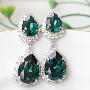 BOUCLES D’OREILLES EMERALD DROP, Boucles d’oreilles longues chandelier vert, boucles d’oreilles vert foncé, boucles d’oreilles vintage de mariage, boucles d’oreilles émeraude nuptiale