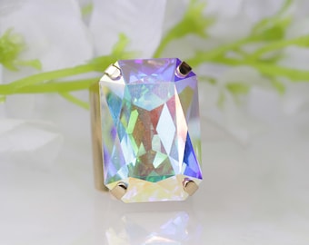 CRYSTAL AB RING, Huge Crystal Ring, Art Deco Ring, Large Cocktail Ring, Big Stone Ring, Statement Ring, Rainbow Chunky Ring,Bridesmaid Gift