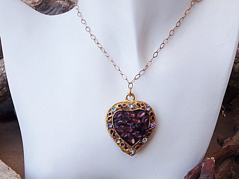 Heart shaped necklace Dye jewelry Purple Amethyst necklace.Mother day jewelry Gold Heart Necklace Mom Gift Idea Hand painted pendant