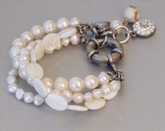 Pearl Beaded Bracelet, Wrap Friendship Bracelet, Bridal Boho Jewelry