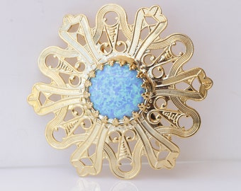 BLUE OPAL BROOCH, Large Brooch, Flower Vintage Brooch, Unique Gold Brooch, Antique clothing Brooch, Coat Pin, Gift For Her, Brooch For Dress