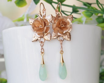 MINT  EARRINGS, mint green earrings, bridal earrings, Flower Earrings, Rose Gold Earrings, Mint Opal Wedding Jewelry, Mother's Day