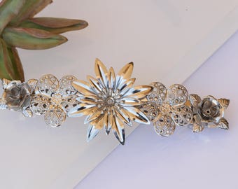 SILVER HAIR BARRETTE, Silver Bridal Clip, Flower Hair Barrette, Silver Floral Pin, Silver Hair Clip, Hair Ornament, Wedding Hair Clip