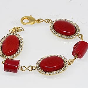 Coral bracelet, Red Gemstone Bracelet, Link bracelet, Coral jewelry, Red stone bracelet, Gold coral bracelet,Birthstone red,Cocktail Jewelry