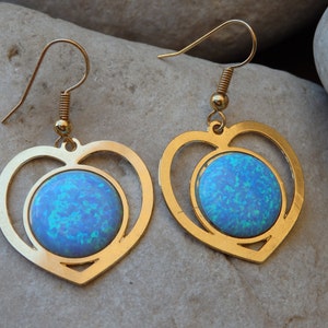 Blue Opal Earrings, Heart Shaped Earrings, Blue Bridal Earrings, October Birthstone, Silver Gold Opal Drop Earrings, Earrings with gemstone