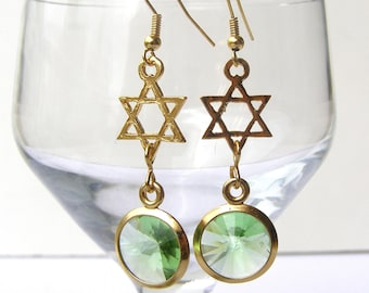 Star of David earrings.  earrings. Jewish  earrings.Jewish jewelry.Jewish.green earrings.judaica.green jewel