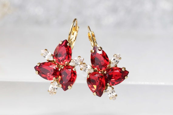 RUBY RED EARRINGS Wedding Jewelry Leaves Earrings Drop - Etsy