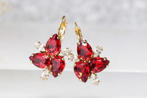 RUBY RED EARRINGS Wedding Jewelry Leaves Earrings Drop - Etsy