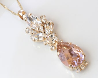 Blush Bridal Necklace: Morganite Crystal, Rose Gold Chandelier