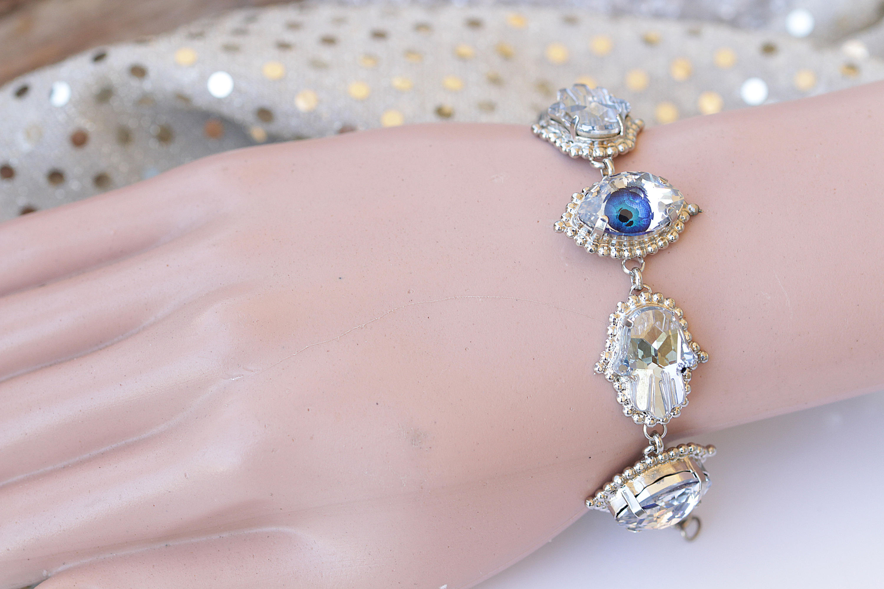Bracciale Hamsa A Bangle Con Cristalli Bianchi E Blu - Acciaio Ossidato, Cinturino Nero, My Daily Styles - Foto 2