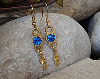 Blue  earrings. Something blue. Blue gold earrings. Blue Dangle earrings. Women's earrings. Blue sapphire crystal earrings. For She