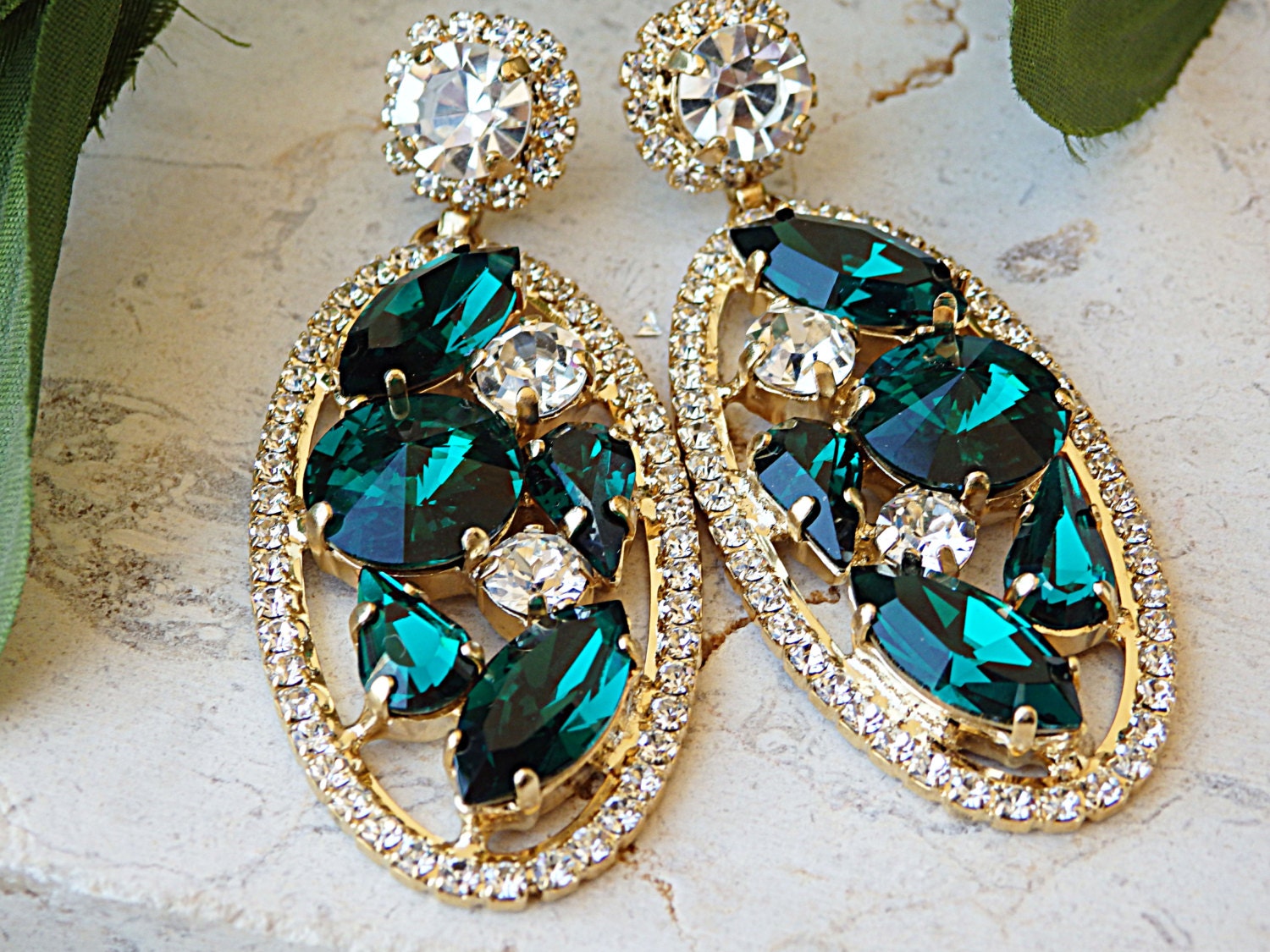 Emerald crystal earrings.Swarovski crystal earrings.Dark green | Etsy