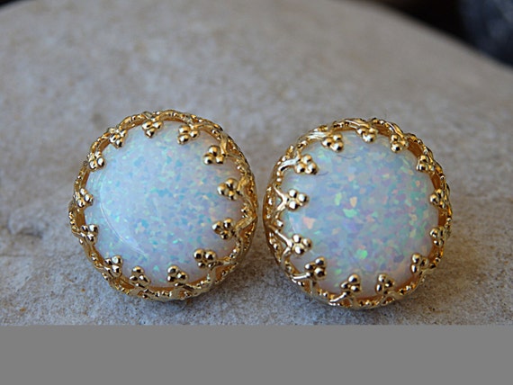 White Opal Gold Earrings ,Gemstone Post Earrings, Stud Opal Earrings, October Birthstone, Opal 14k Gold filled Earrings, Fire Opal jewelry,