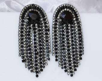 BLACK CHANDELIERS, Black Gray Fringes Earrings, Formal Earrings, Woman Jewelry, Statement Chunky Tassel Earrings,Black Evening dress Jewelry