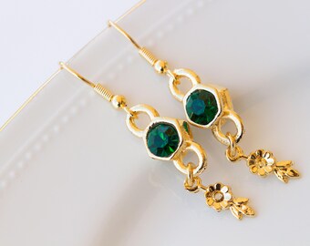 Emerald Crystal Dangle Earrings, 24K Gold Plated, Flower Leaves