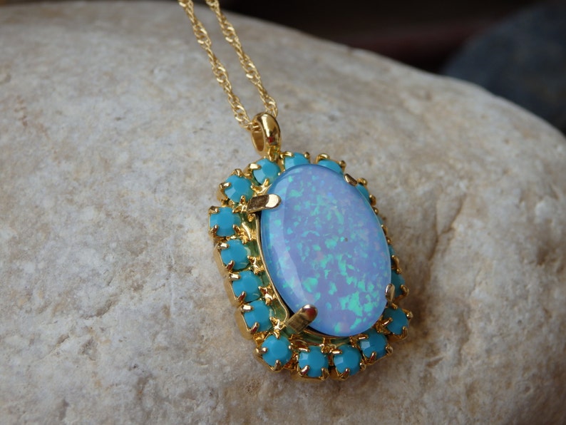 Turquoise Opal Gold Necklace Oval Blue Fire Opal Necklace Etsy
