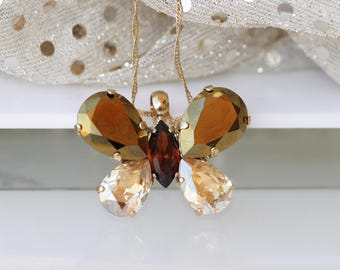 Crystal Butterfly Necklace: Bronze Champagne Animal Pendant