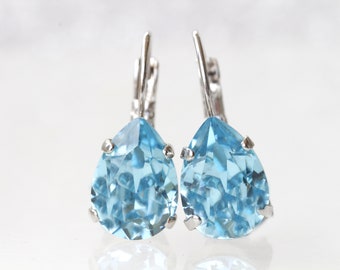 Pendientes de cristal de aguamarina en forma de lágrima, joyería de piedra natal, cierre de palanca