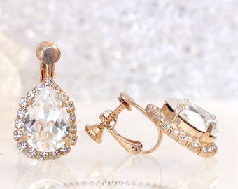 Pendientes de clip de cristal para novia, joyería de boda dorada