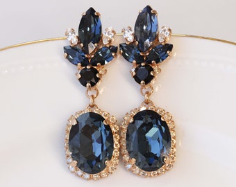 Navy Blue Crystal Dangle Earrings, Gold Dark Blue Bridal Jewelry