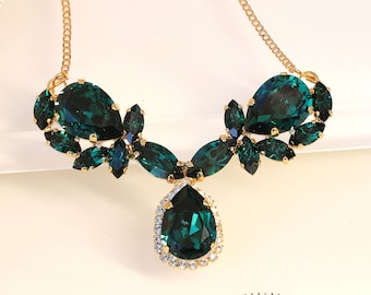 Emerald Crystal Statement Necklace: 24K Gold Plated Bridal Jewelry