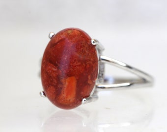 Red Coral Ring, Sterling Silver 925, Bezel Set Gemstone