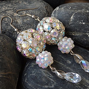 Silver ball earrings. Dainty  earrings. Delicate rhinestone ball earrings. Bridal ball earrings. Ball crystal ab earrings for bride