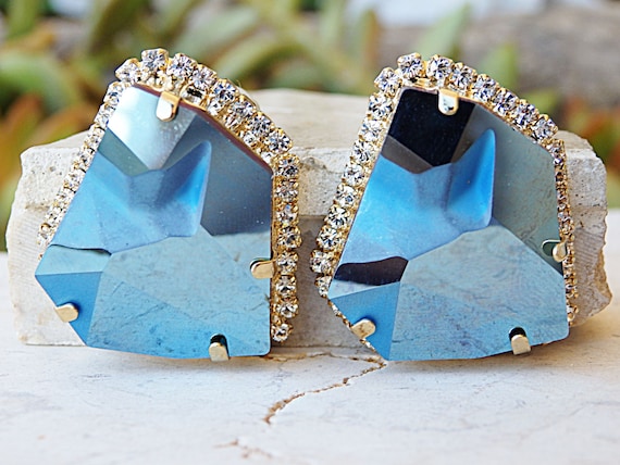 rebekajewelry Blue Stud Earrings Bridal Blue Earrings Wedding Blue Earrings Evening Blue Studs Big Abstract Earrings Extra Large Earrings