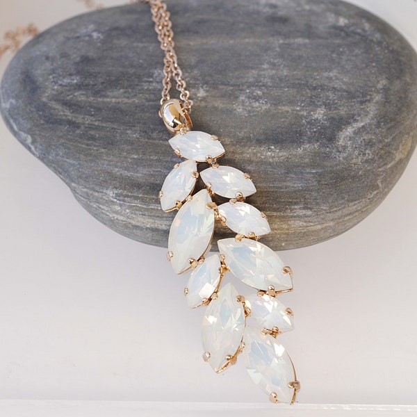 BRIDAL WHITE NECKLACE, Wedding Jewelry Set, Cluster Long Pendant, White Opal Necklace,  Necklace,Leaf Necklace, Unique Gift For Her