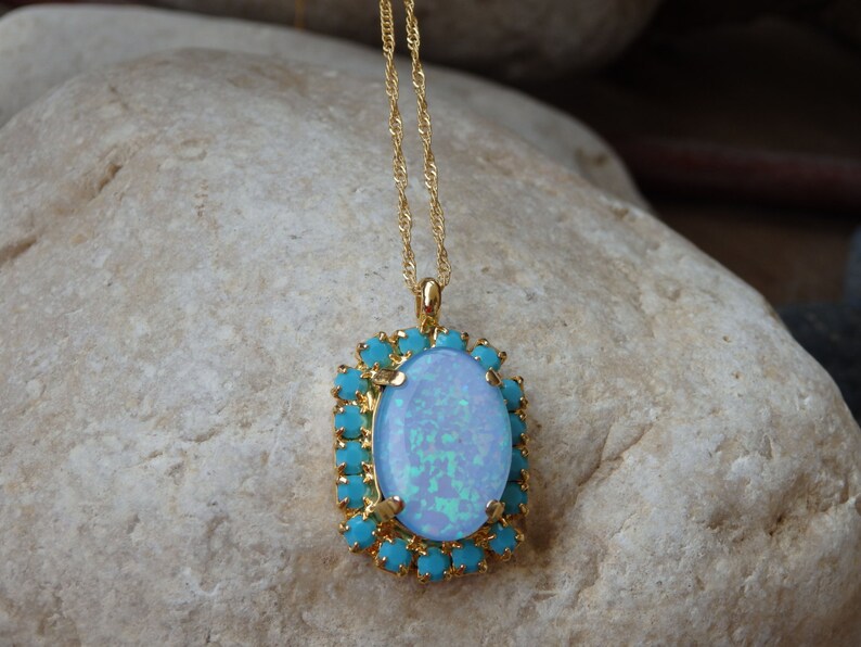 Turquoise Opal Gold Necklace Oval Blue Fire Opal Necklace Etsy