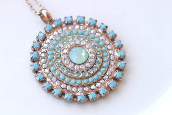 Turquoise Crystal Pendant Necklace, Rose Gold Bridal Jewelry