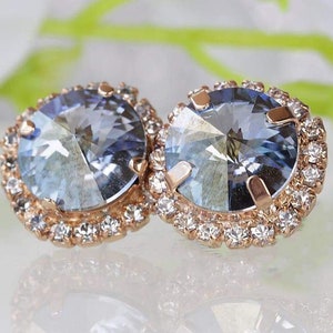 DUSTY BLUE EARRINGS, Round Earrings, Bridal Crystal Earrings,  Crystal Earrings, Rose Gold Earrings, Wedding Earrings, Small Stud Earrings