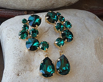 Emerald stud and drop cluster earrings. Green teardrop earrings. Statement earrings.  rhinestone earrings. Chandelier Earrings.