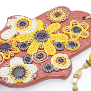 CLAY HAMSA, Wall Ornament, Flower Hamsa, Evil Eye Hand, Hand Of Fatima, Hamsa Wall Art, Clay Hamsa Gift, Hamsa Charm Decor, Fimo Hamsa Gift