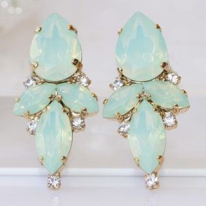 Rhinestone mint opal post earrings, Bridal Mint earring, Bridesmaids green mint real crystal Earrings,Crystal stud earrings, Cluster Studs