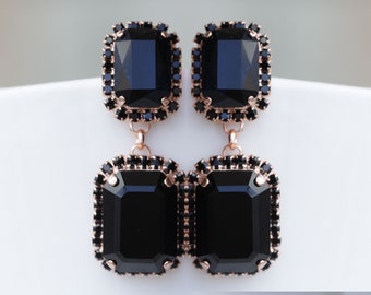 BLACK GOLD Earrings, Cocktail Black Long Earrings, black  crystal drop earrings, Long earrings, Art Deco Earrings For Black Evening Dress