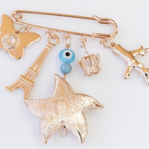 Motyl BABY CARRIAGE PIN, Talizman na szczęście, Charms Tureckie oko Broszka, Różowe złoto Eiffel Wisząca broszka Baby Carriage, Prezent na Baby Shower
