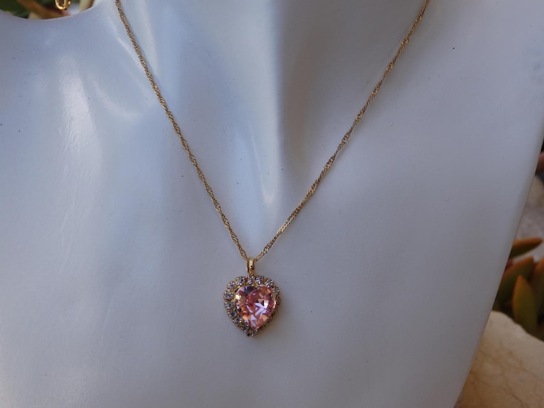 Pink Heart Pendant, Girls Heart Necklace, Valentine Pendant, Rhinestone Pendant, Puffy Heart Necklace, Bridal Necklace, Bridesmaid image 2