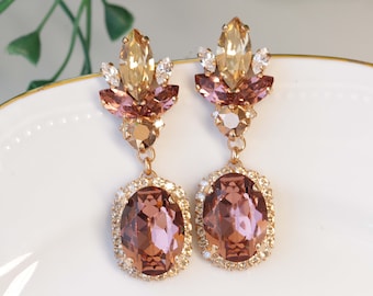 Blush Pink Crystal Bridal Earrings: Rose Gold Champagne Dangle