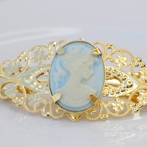Blue CAMEO HAIR BARRETTE, Filigree Vintage Cameo Hair Barrette, Hair Clip Barrette, Bridal French Barrette, Statement Cameo Barrette Gift