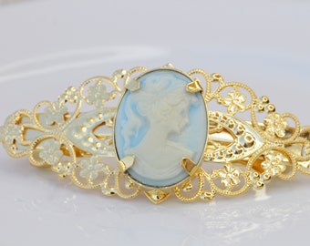 Blue Cameo Hair Barrette, Gold Filigree Vintage Bridal Clip