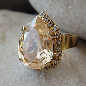 Champagne  Crystal Ring, Gold Adjustable Statement Ring, Champagne Teardrop Ring, Big Gemstone Drop Rhinestone Ring For Her Wife