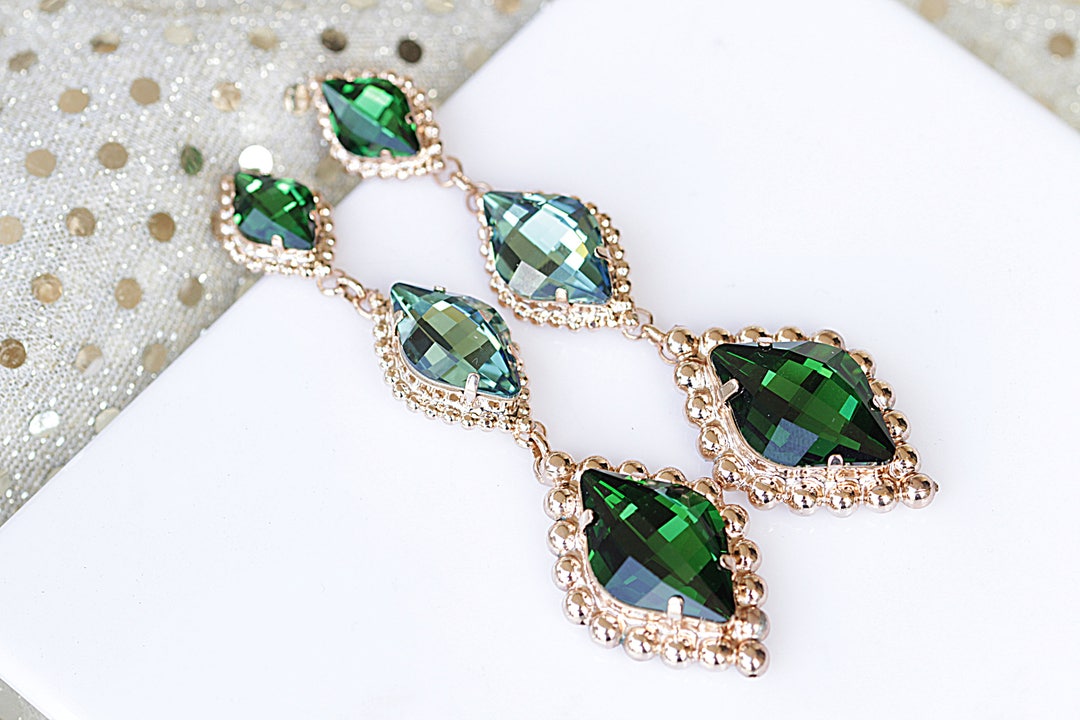 EMERALD CHANDELIER EARRINGS, Wedding Emerald Rose Gold, Green Large