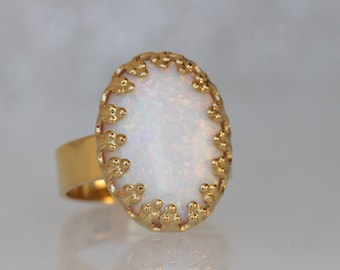 Adjustable White Opal Ring, October Birthstone
