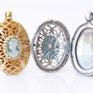 Cameo Locket Necklace, Green or Blue Cameo Gold Statement Necklace, Keepsake, Oval Locket, Gift For Her,  Photo Locket Filigree Necklace,