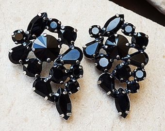 Black cluster earrings. Big earrings. Black stud cocktail earrings.  Earrings. Formal Earrings, Grape Cluster, Prong Set Stones