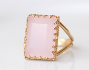 Rose Quartz Ring, Rectangular Light Pink Gemstone Ring, Gold Filled Women Ring, Real Stones rings, Wedding Large Stone ring, Gift For Her